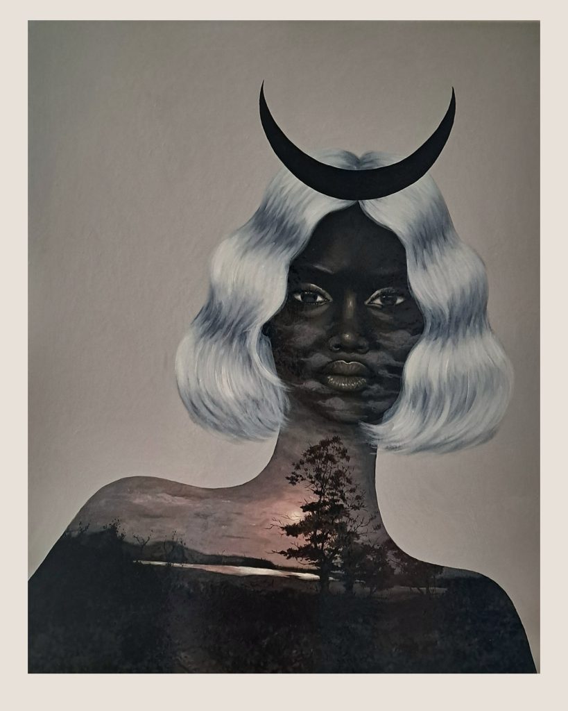 Elegant black woman its a surrealistic portrait inspired by the famous photography by Edward Steichen The Pond - Moonlight. She is te landscape and the moon, her face is strikingly beautiful, recalling face of the model Naomi Campbell.