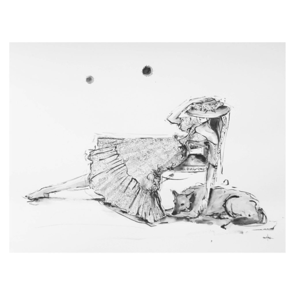 Beautiful woman in the floral gown and hat taking sunbath on er chair with the company of the German sheppard