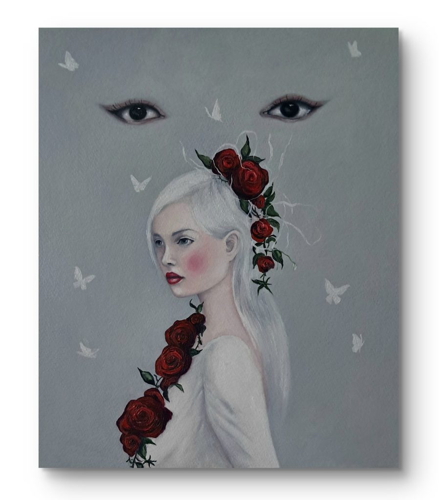 Surrealistic. Oil painting, Figurative. Beautiful woman with silver hair and white gown wrapped in roses and ivy. She is observed by beautiful eyes belonging to supernatural or universe, girl is accompanied by white butterflies