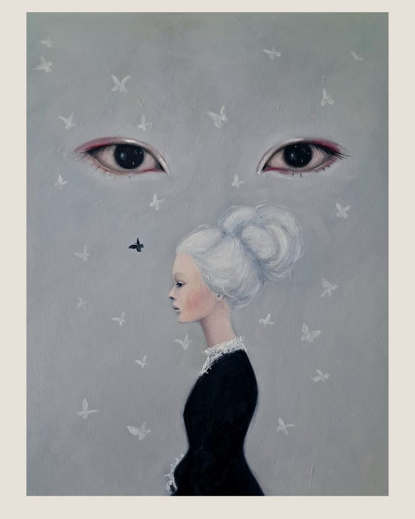 Oil painting, figurative. Beautiful woman in XIX century gown, her profile. Beautiful silver hair. She is observed by beautiful eyes belonging to supernatural. Figure is surrounded by white and one black butterfly
