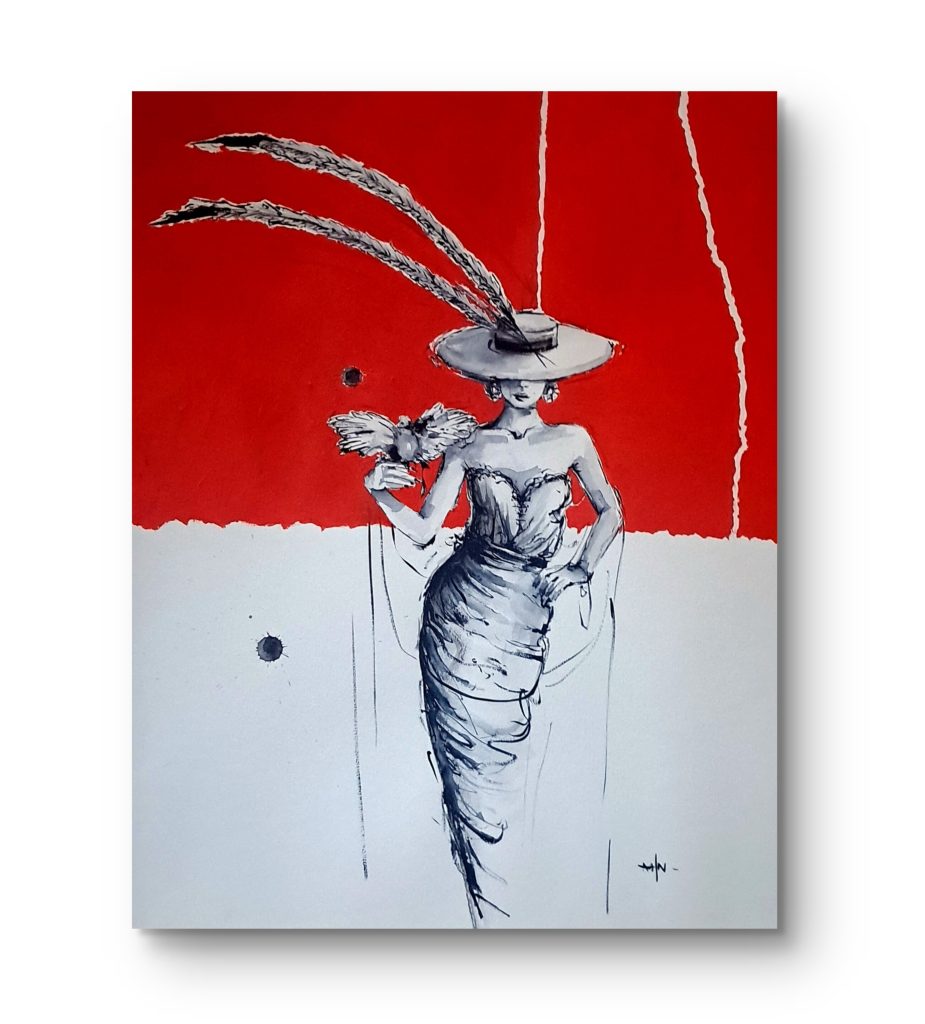 Elegant, fashion oriented woman, holds white dove symbolising peace. The figure pose on the striking,, suggestive, Art Deco inspired background with colour of blood and peace